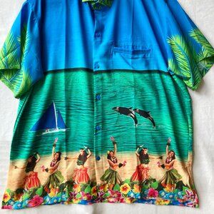 Happy Day Terivoile Hawaiian Camp Shirt Tiki Orca Hula Sailboat Blue Size L Mens